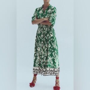 Zara The Alison Green Printed Maxi Dress Belted Sz Small Tribal Print